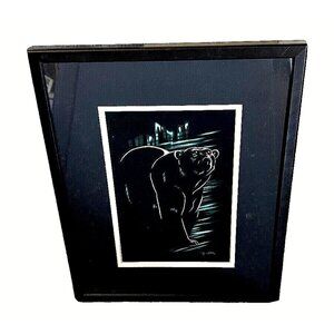 Stephanie Clark Bear Drawing on Black Paper Painting Litho Print Mat Framed VTG